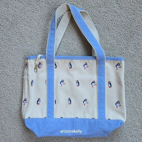 NWT Lands' End Embroidered Canvas PUFFIN Tote Medium Open Top Bird PRICE FIRM - Picture 5 of 7